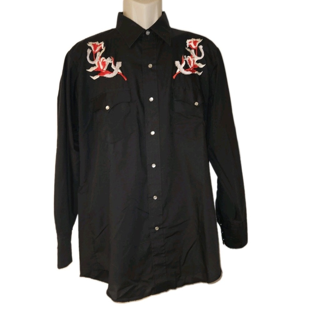 Vtg Karman Western Shirt Mens 16.5-33 Black Pearl Snap‎ Floral Cowboy Rodeo